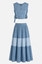 Powder Blue Textured Co-Ord Set | Sustainable Sleeveless Crop Top & Tiered Maxi Skirt