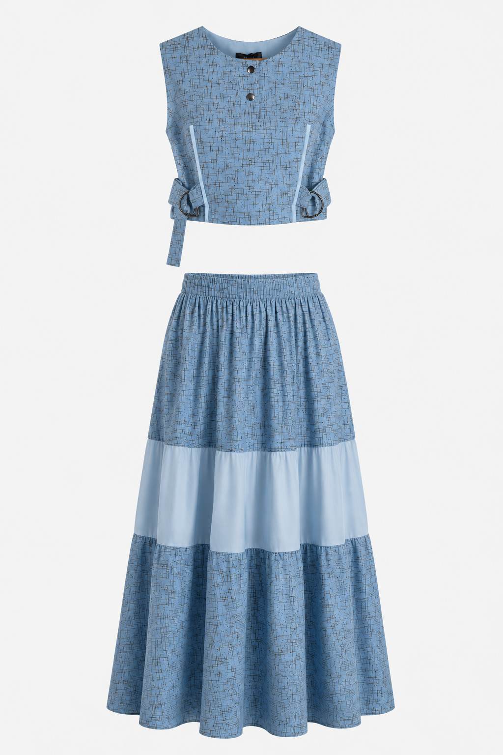 Powder Blue Textured Co-Ord Set | Sustainable Sleeveless Crop Top & Tiered Maxi Skirt