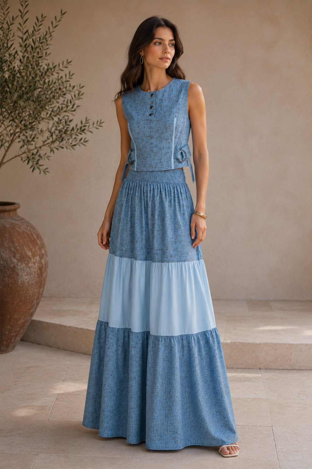 Powder Blue Textured Co-Ord Set | Sustainable Sleeveless Crop Top & Tiered Maxi Skirt