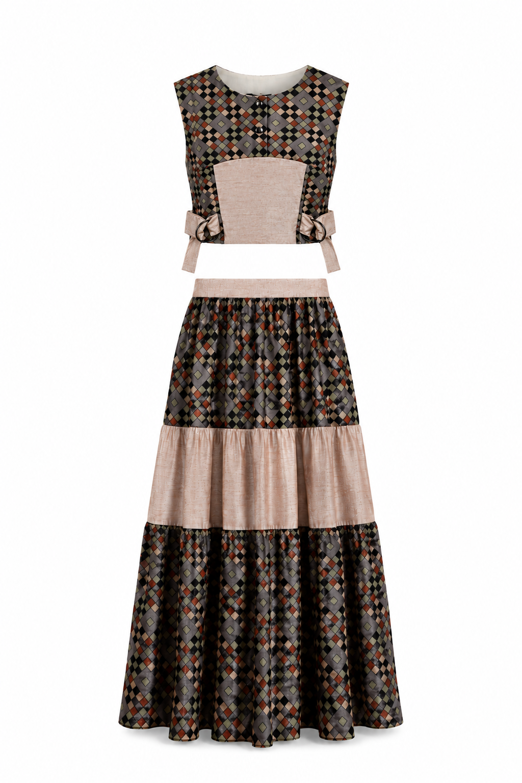 Geometric Diamond Print Co-Ord Set | Sustainable Sleeveless Crop Top & Tiered Maxi Skirt