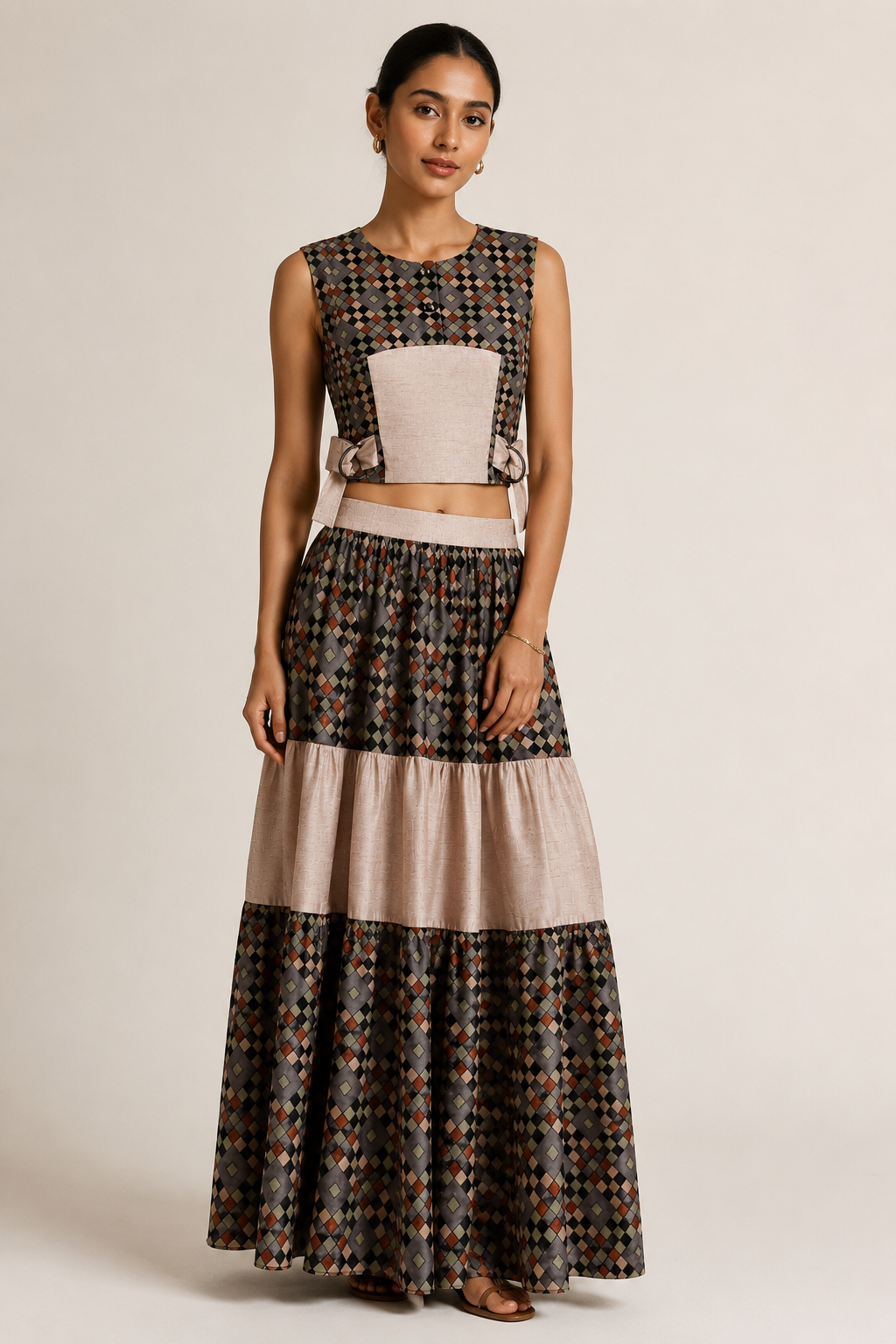 Geometric Diamond Print Co-Ord Set | Sustainable Sleeveless Crop Top & Tiered Maxi Skirt