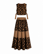 Abstract Mocha Geometric Co-Ord Set | Sustainable Sleeveless Crop Top & Tiered Maxi Skirt