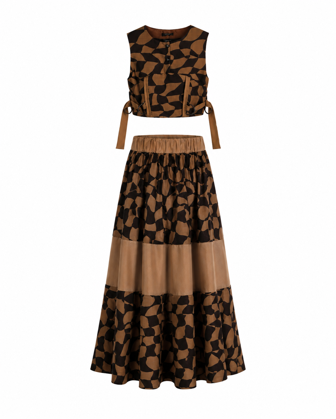 Abstract Mocha Geometric Co-Ord Set | Sustainable Sleeveless Crop Top & Tiered Maxi Skirt