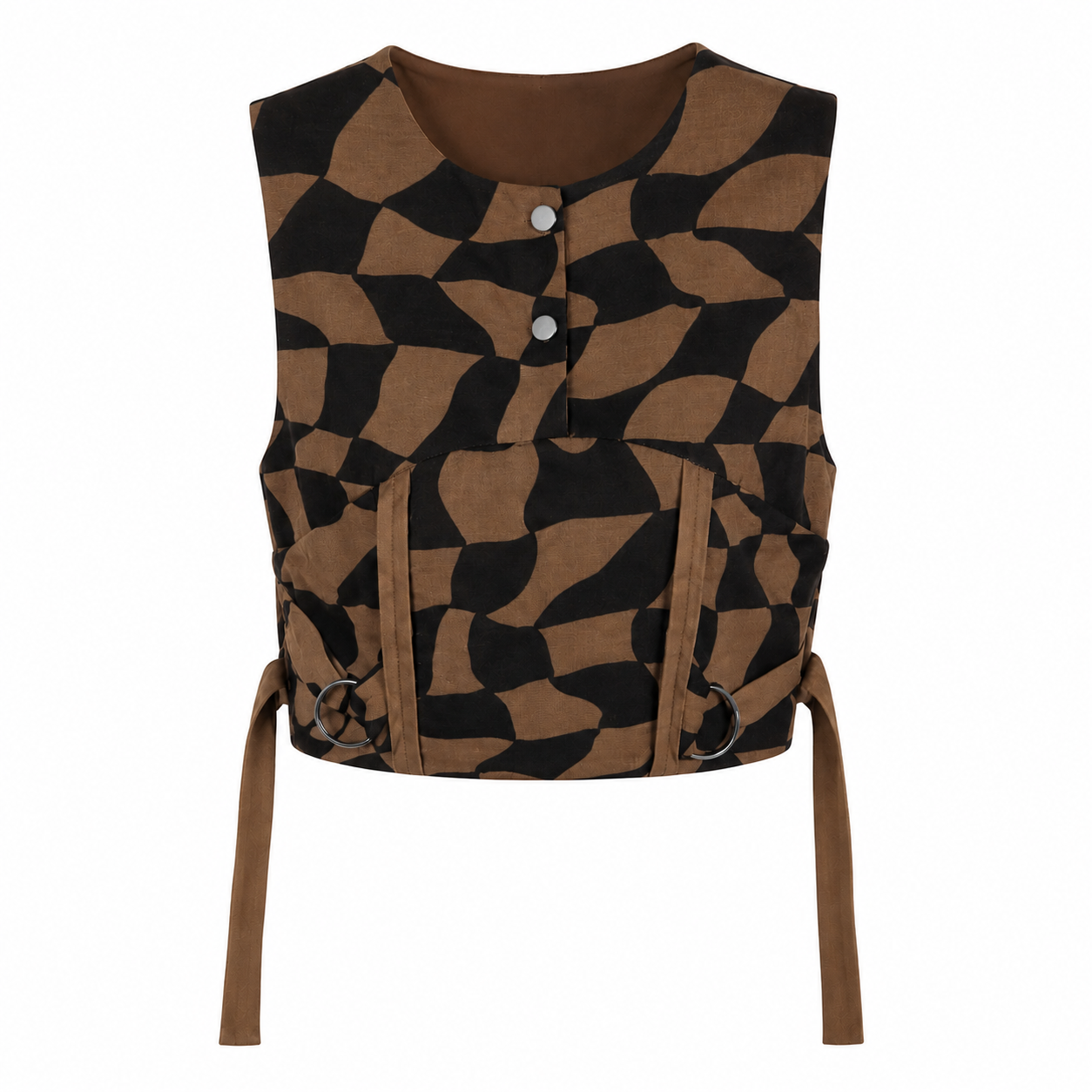 Abstract Mocha Geometric Co-Ord Set | Sustainable Sleeveless Crop Top & Tiered Maxi Skirt