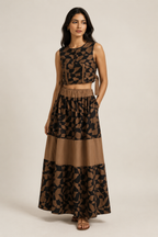 Abstract Mocha Geometric Co-Ord Set | Sustainable Sleeveless Crop Top & Tiered Maxi Skirt