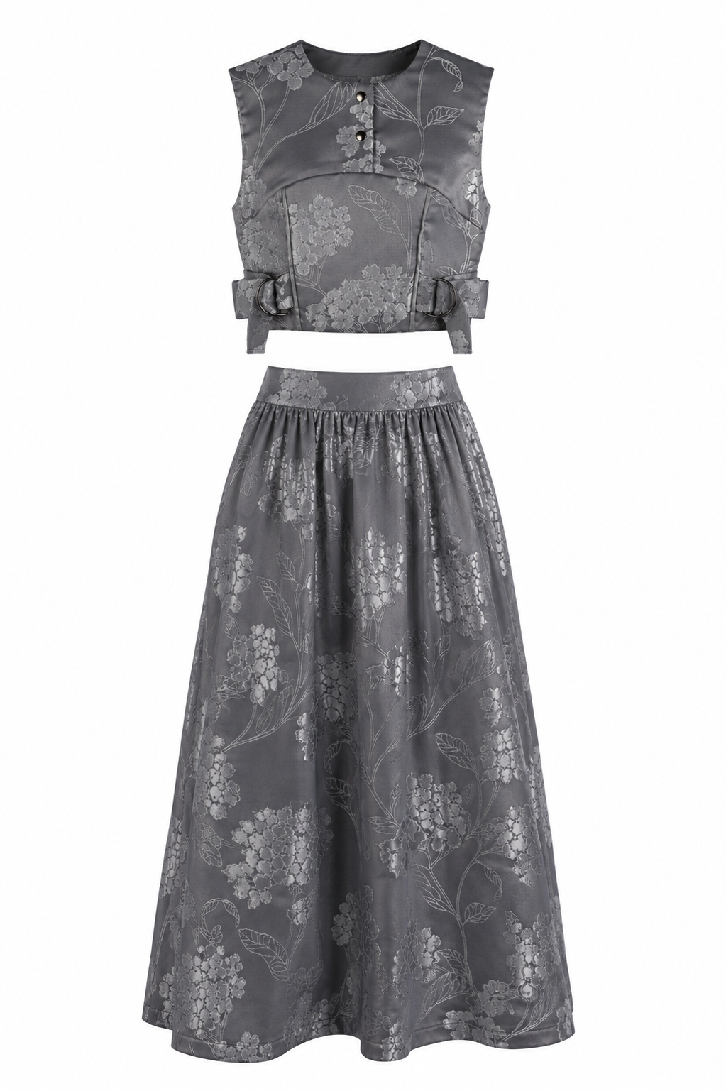 Silver Grey Floral Jacquard Co-Ord Set | Sustainable Sleeveless Crop Top & Maxi Skirt
