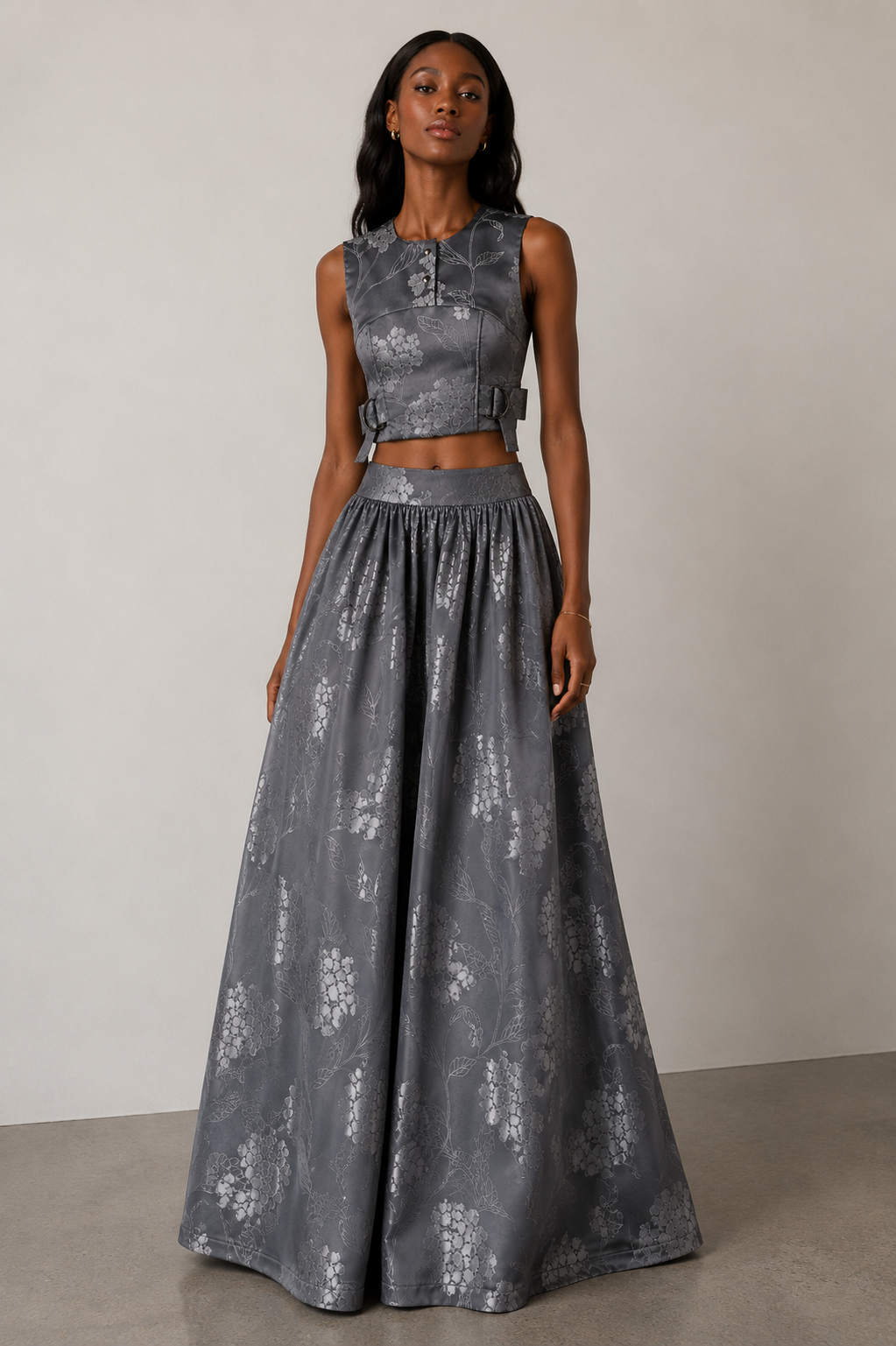 Silver Grey Floral Jacquard Co-Ord Set | Sustainable Sleeveless Crop Top & Maxi Skirt