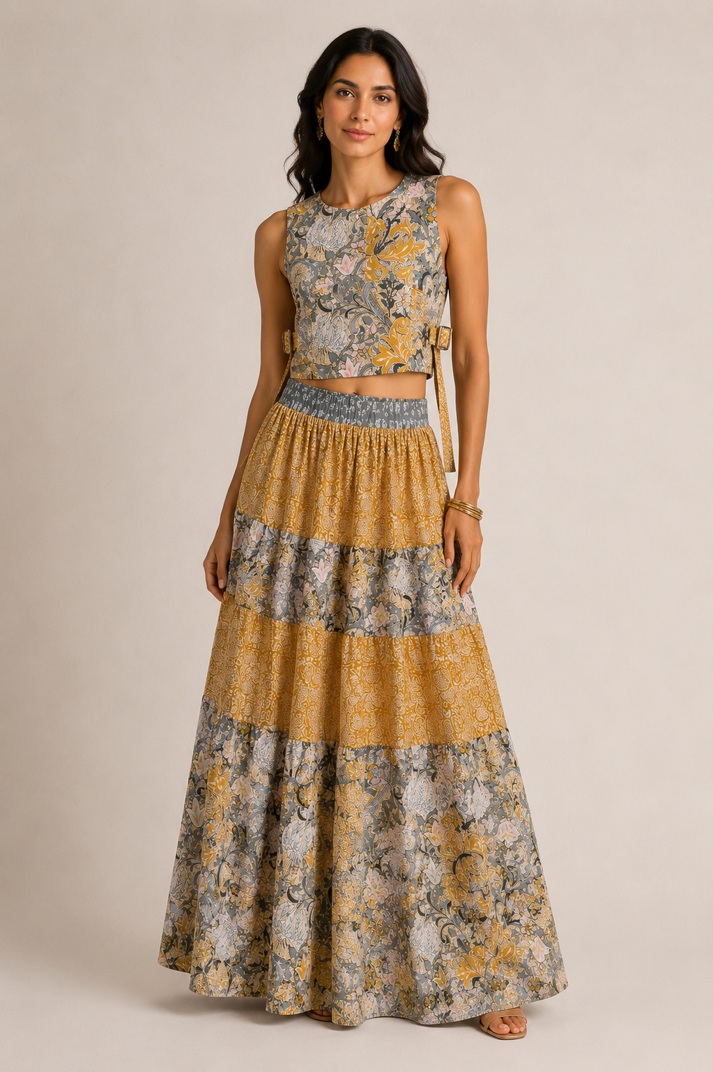 Golden Botanical Floral Co-Ord Set | Sustainable Sleeveless Crop Top & Tiered Maxi Skirt