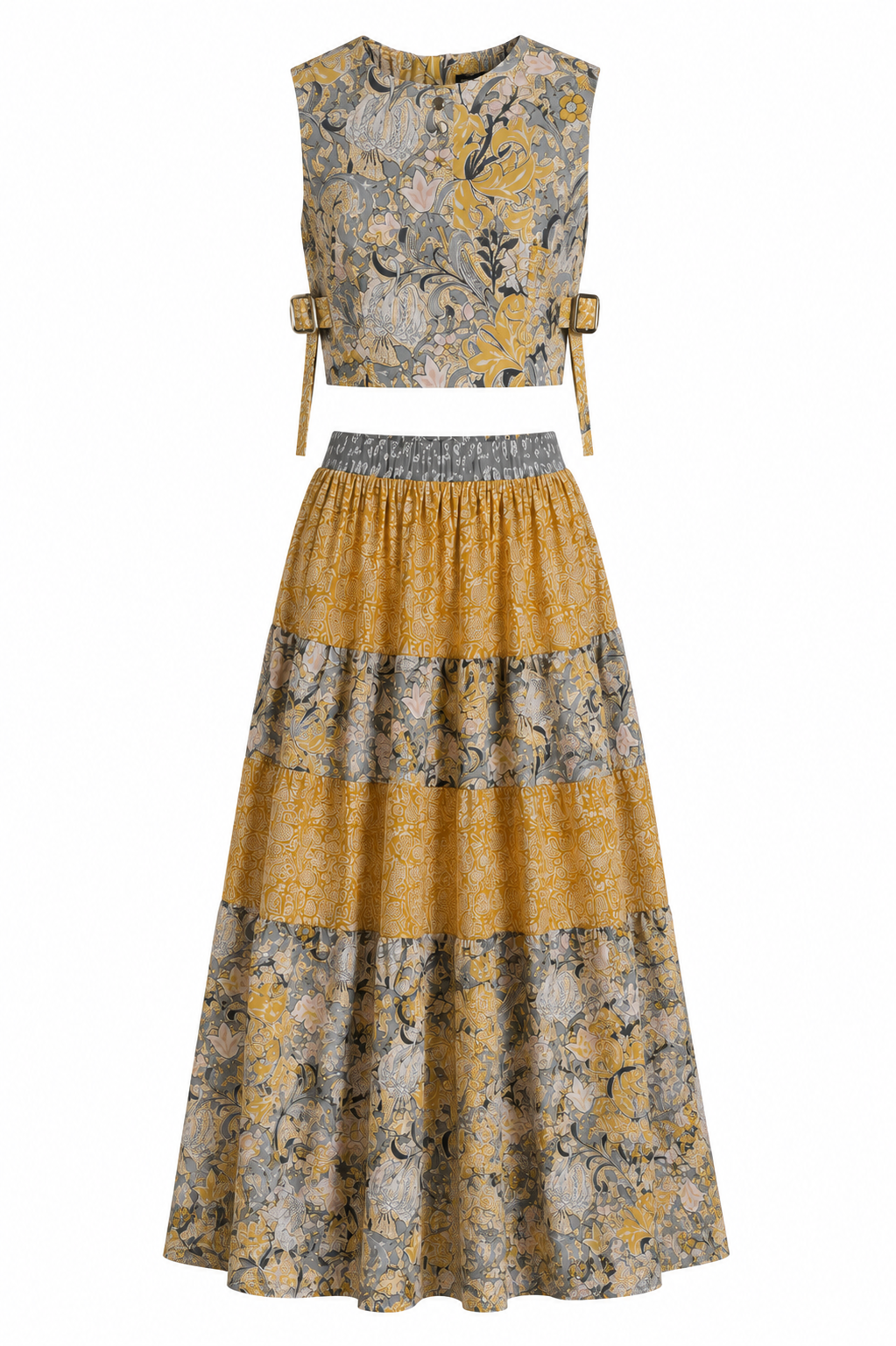 Golden Botanical Floral Co-Ord Set | Sustainable Sleeveless Crop Top & Tiered Maxi Skirt