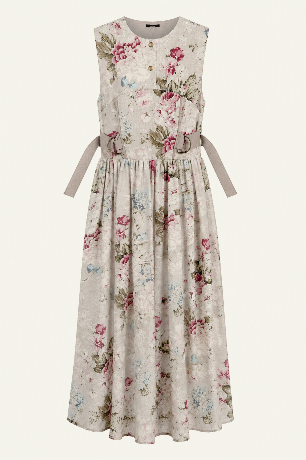 Vintage Floral Sleeveless Maxi Dress | Sustainable Occasion Dress with Adjustable D-Ring Waist