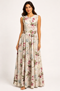 Vintage Floral Sleeveless Maxi Dress | Sustainable Occasion Dress with Adjustable D-Ring Waist