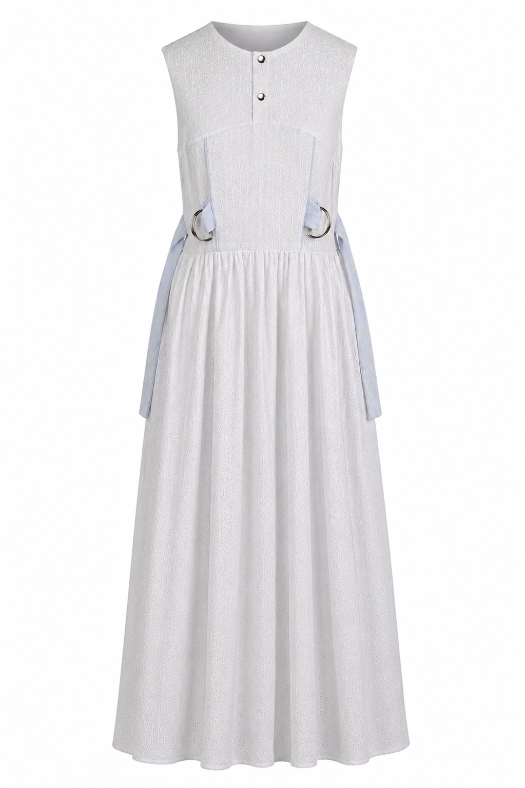 White Broderie Maxi Dress | Sustainable Sleeveless Occasion Dress with Floral Jacquard Waist Ties