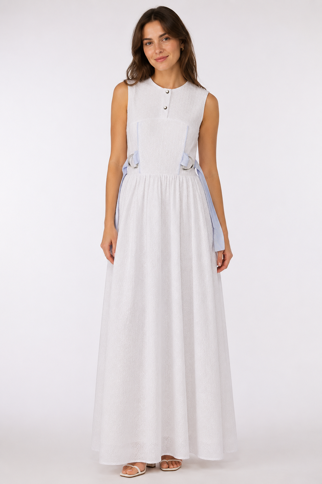 White Broderie Maxi Dress | Sustainable Sleeveless Occasion Dress with Floral Jacquard Waist Ties