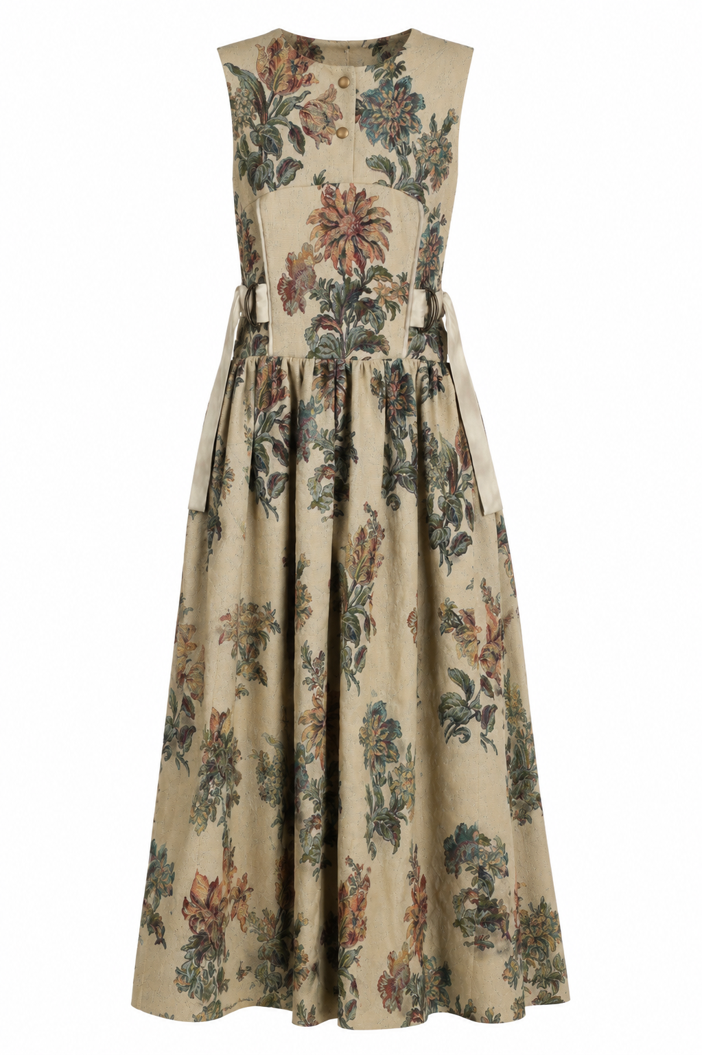 Vintage Floral Maxi Dress | Sustainable Sleeveless Botanical Print Occasion Dress with D-Ring Waist Detail