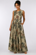 Vintage Floral Maxi Dress | Sustainable Sleeveless Botanical Print Occasion Dress with D-Ring Waist Detail