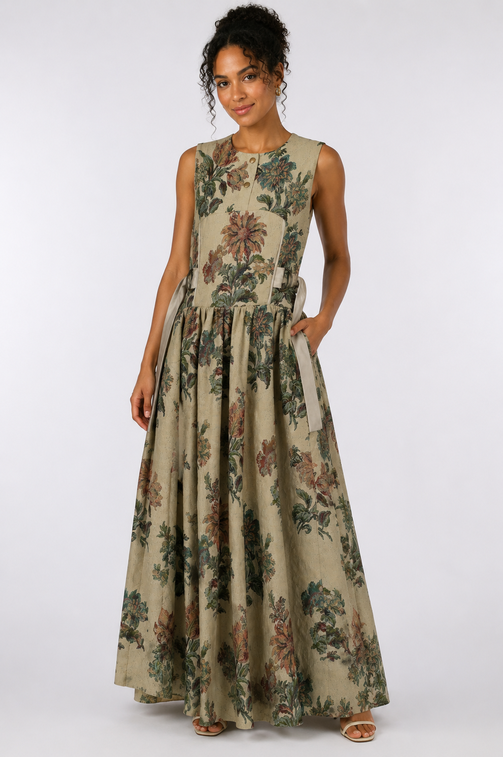Vintage Floral Maxi Dress | Sustainable Sleeveless Botanical Print Occasion Dress with D-Ring Waist Detail
