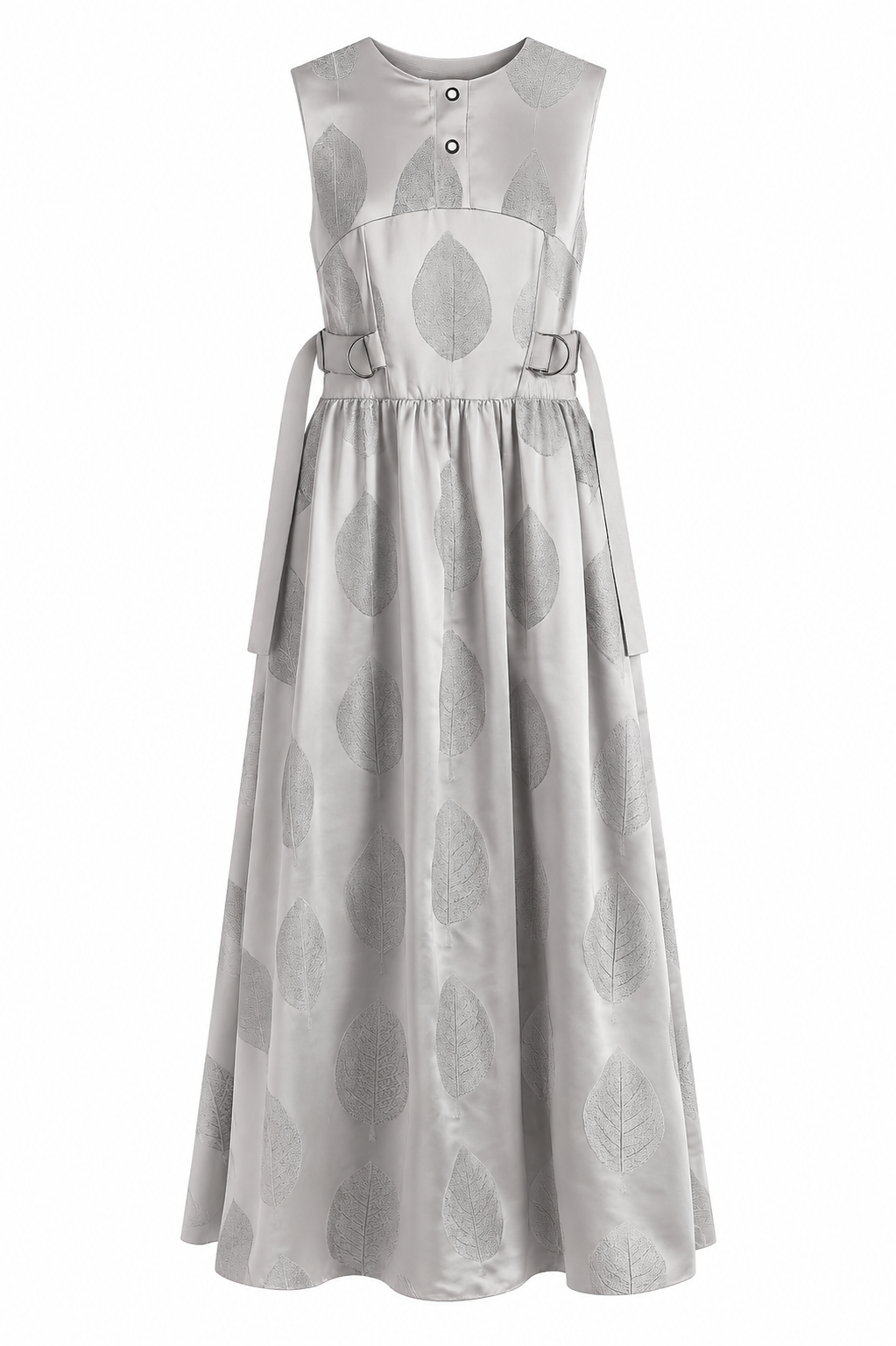 Silver Leaf Jacquard Maxi Dress | Sustainable Sleeveless Occasion Dress with Adjustable D-Ring Waist