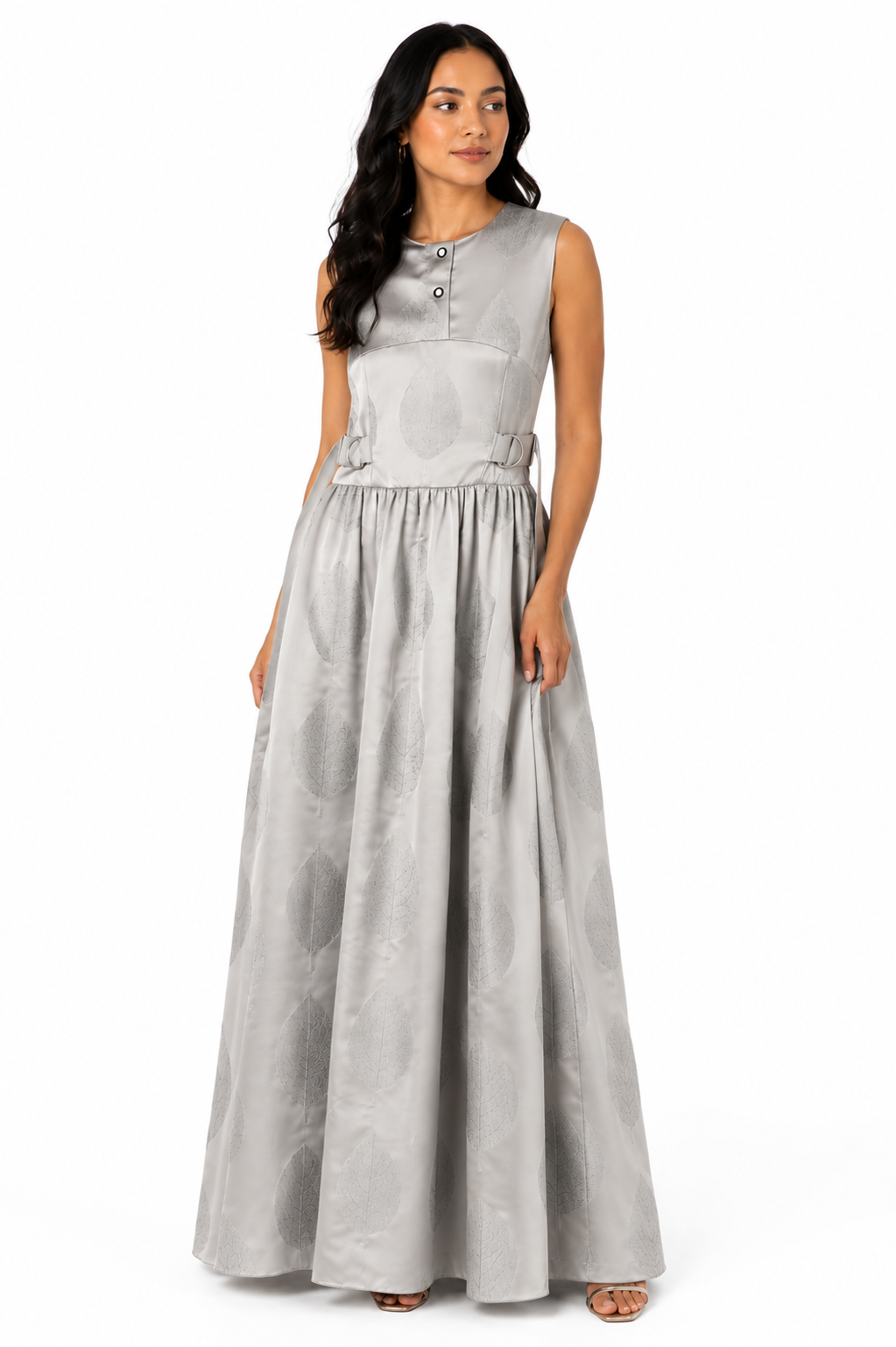 Silver Leaf Jacquard Maxi Dress | Sustainable Sleeveless Occasion Dress with Adjustable D-Ring Waist
