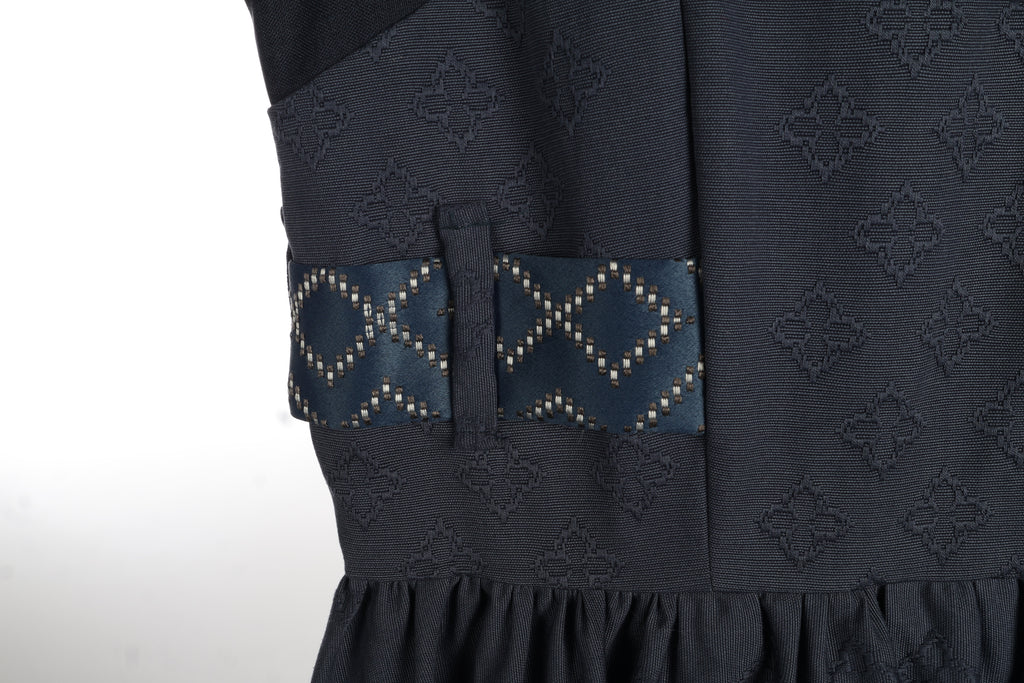 Midnight Jacquard Maxi Dress | Sustainable Sleeveless Occasion Dress with Contrast D-Ring Waist Ties