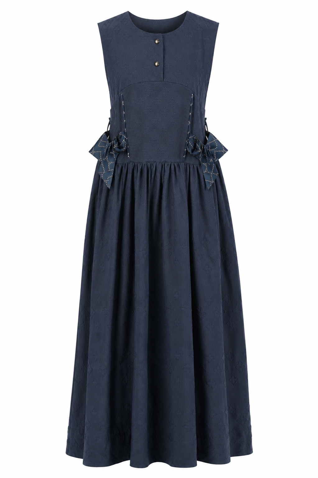 Midnight Jacquard Maxi Dress | Sustainable Sleeveless Occasion Dress with Contrast D-Ring Waist Ties