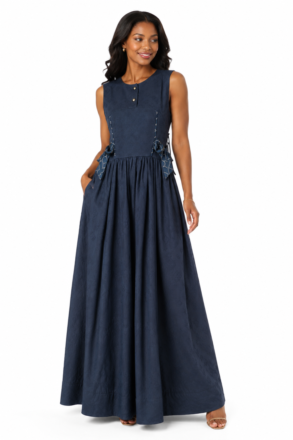 Midnight Jacquard Maxi Dress | Sustainable Sleeveless Occasion Dress with Contrast D-Ring Waist Ties