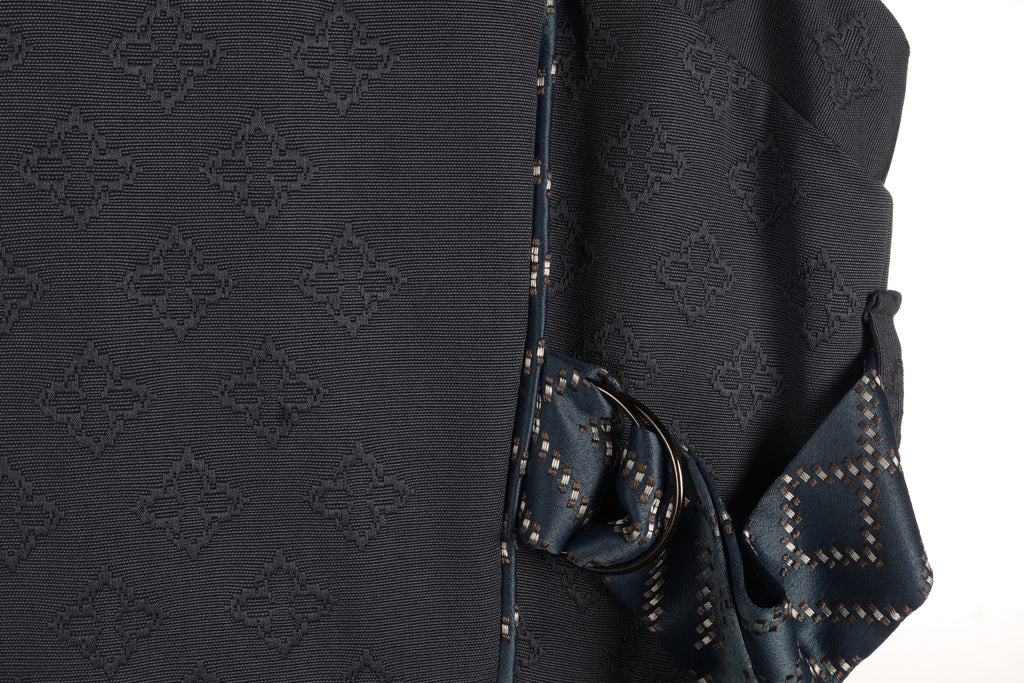 Midnight Jacquard Maxi Dress | Sustainable Sleeveless Occasion Dress with Contrast D-Ring Waist Ties