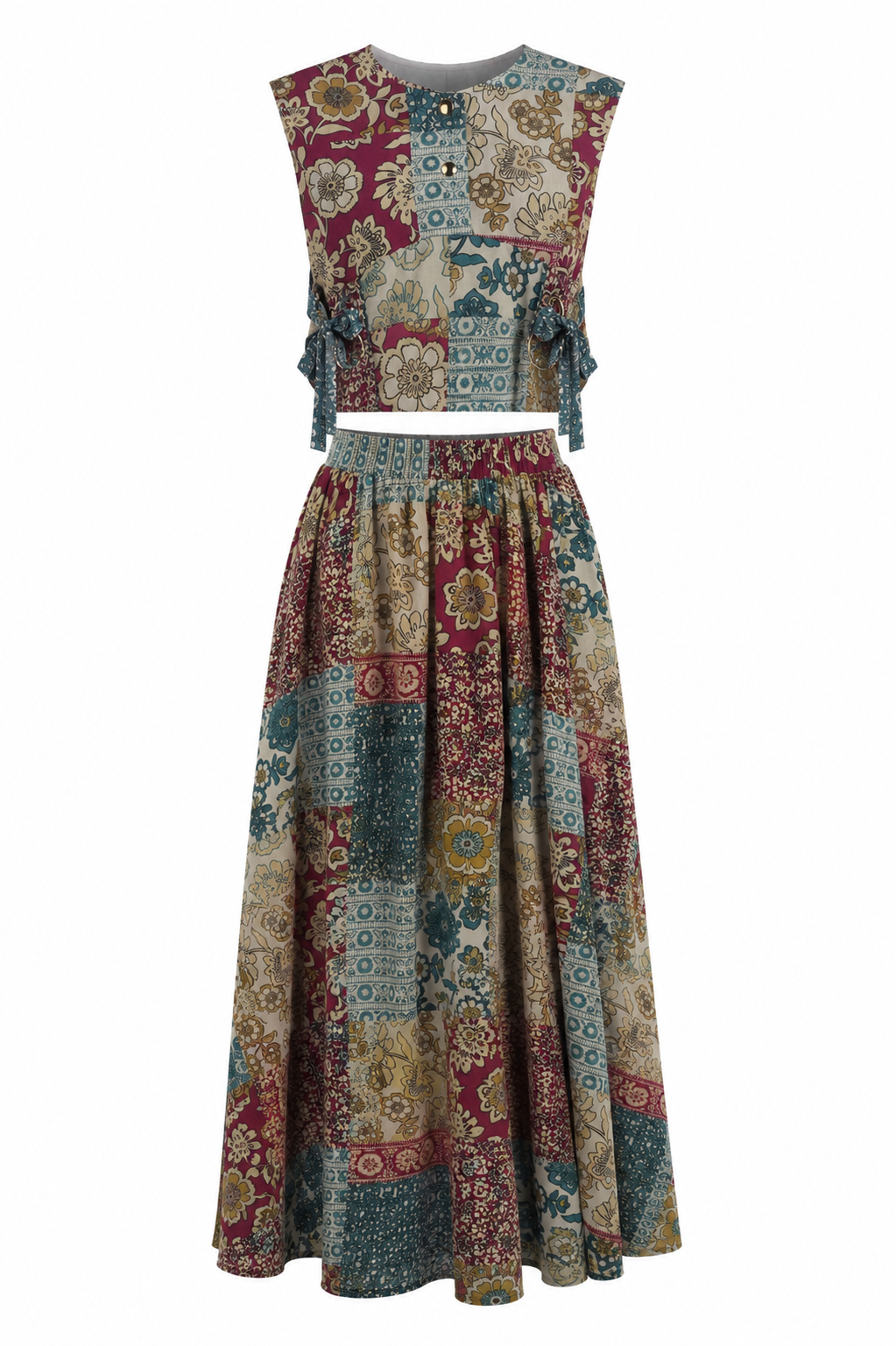 Vintage Patchwork Floral Co-Ord Set | Sustainable Sleeveless Crop Top & Maxi Skirt