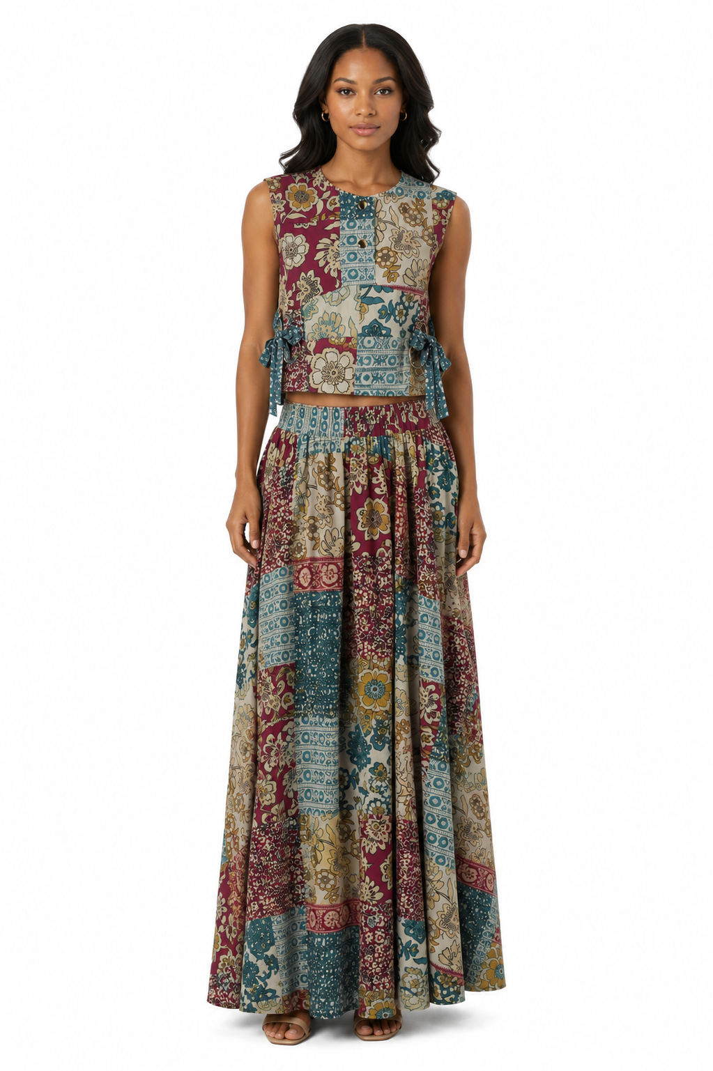 Vintage Patchwork Floral Co-Ord Set | Sustainable Sleeveless Crop Top & Maxi Skirt
