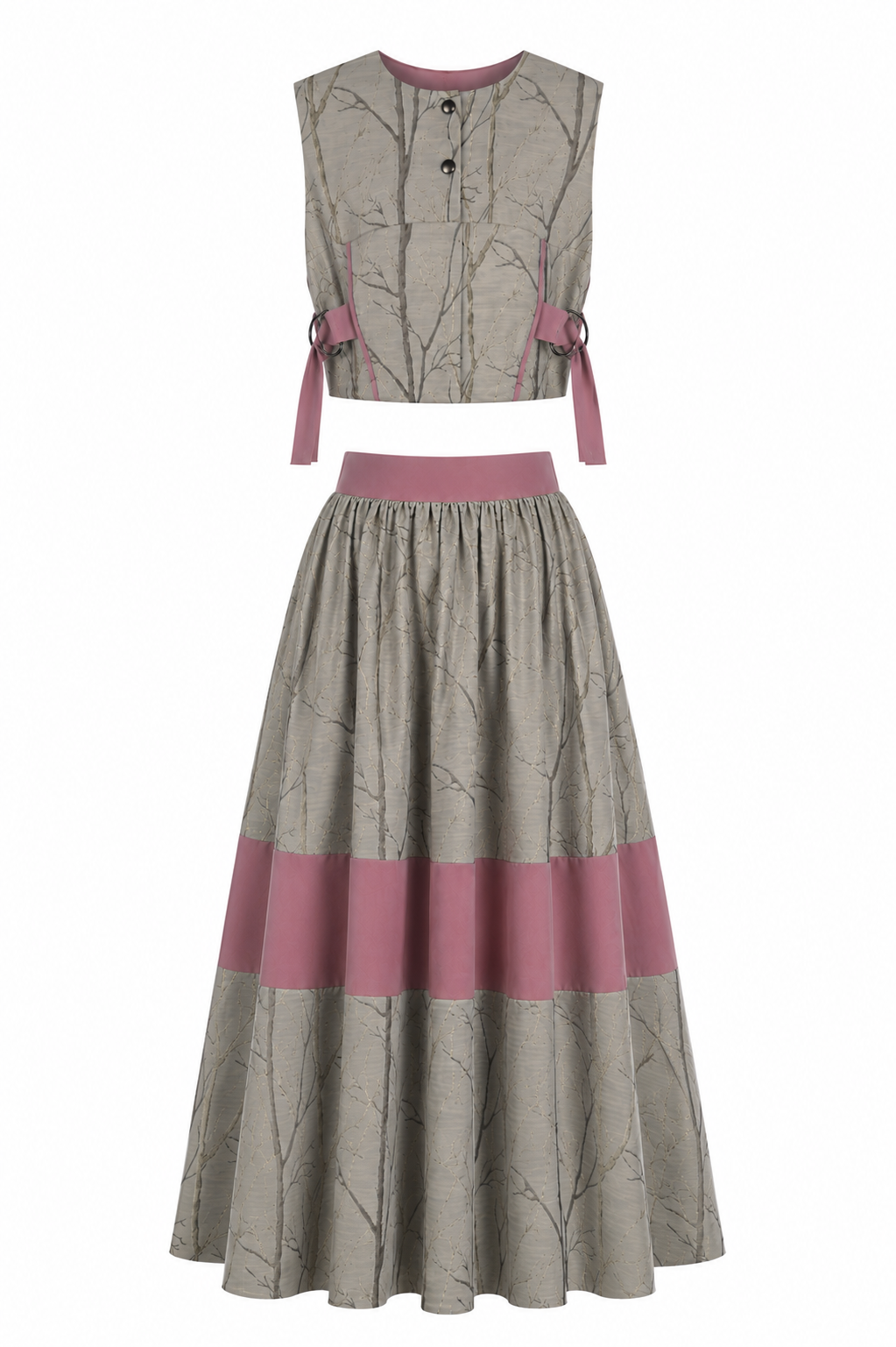 Woodland Print Co-Ord Set | Sustainable Sleeveless Crop Top & Maxi Skirt