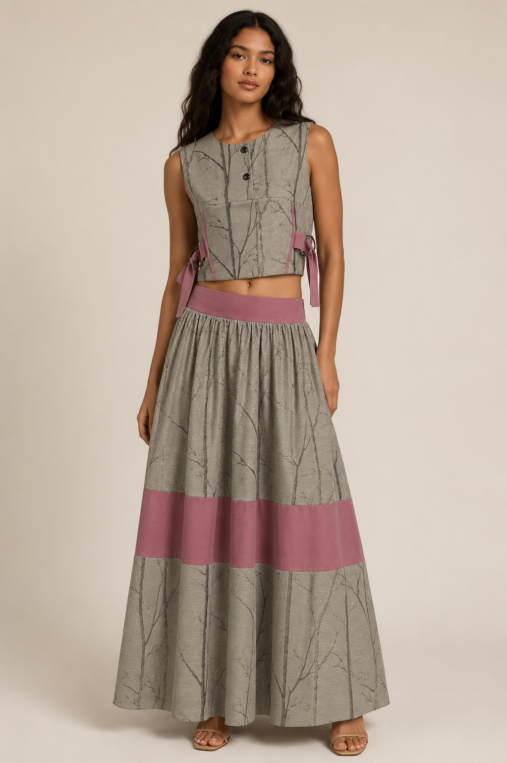 Woodland Print Co-Ord Set | Sustainable Sleeveless Crop Top & Maxi Skirt