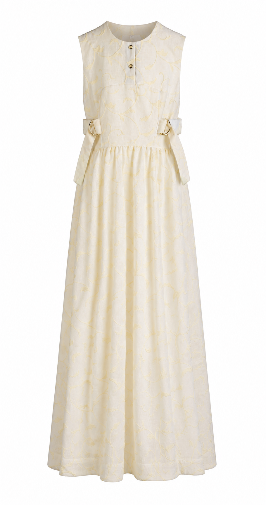 Ivory Embroidered Maxi Dress | Sustainable Sleeveless Occasion Dress with Patchwork D-Ring Waist Detail