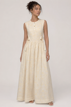 Ivory Embroidered Maxi Dress | Sustainable Sleeveless Occasion Dress with Patchwork D-Ring Waist Detail
