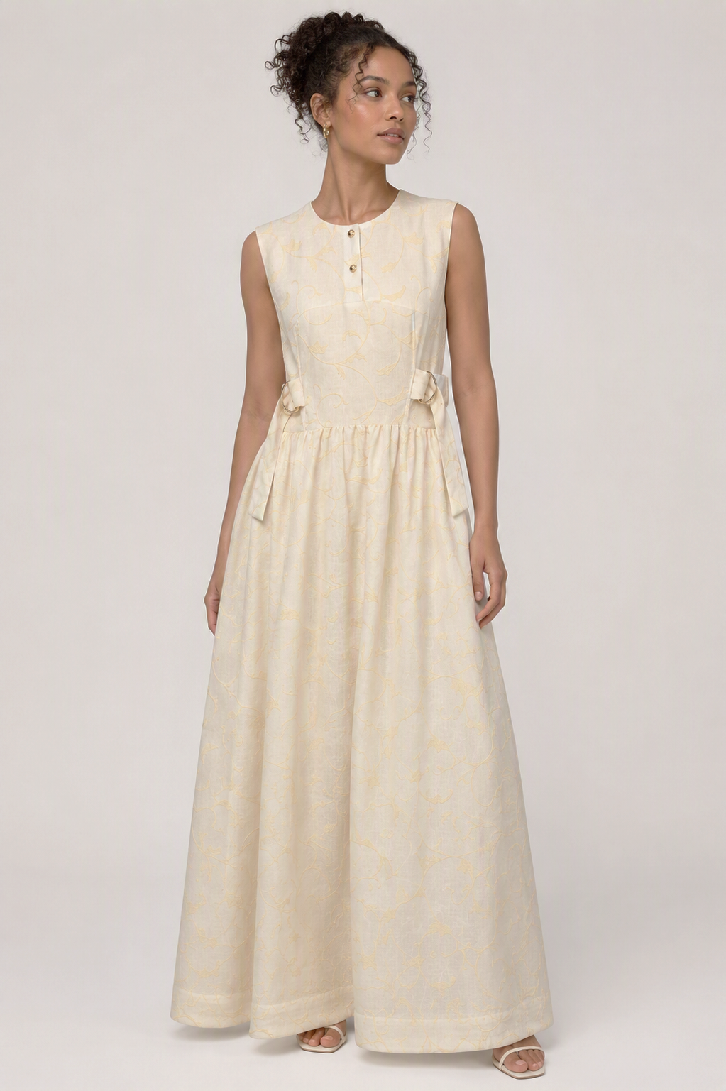 Ivory Embroidered Maxi Dress | Sustainable Sleeveless Occasion Dress with Patchwork D-Ring Waist Detail
