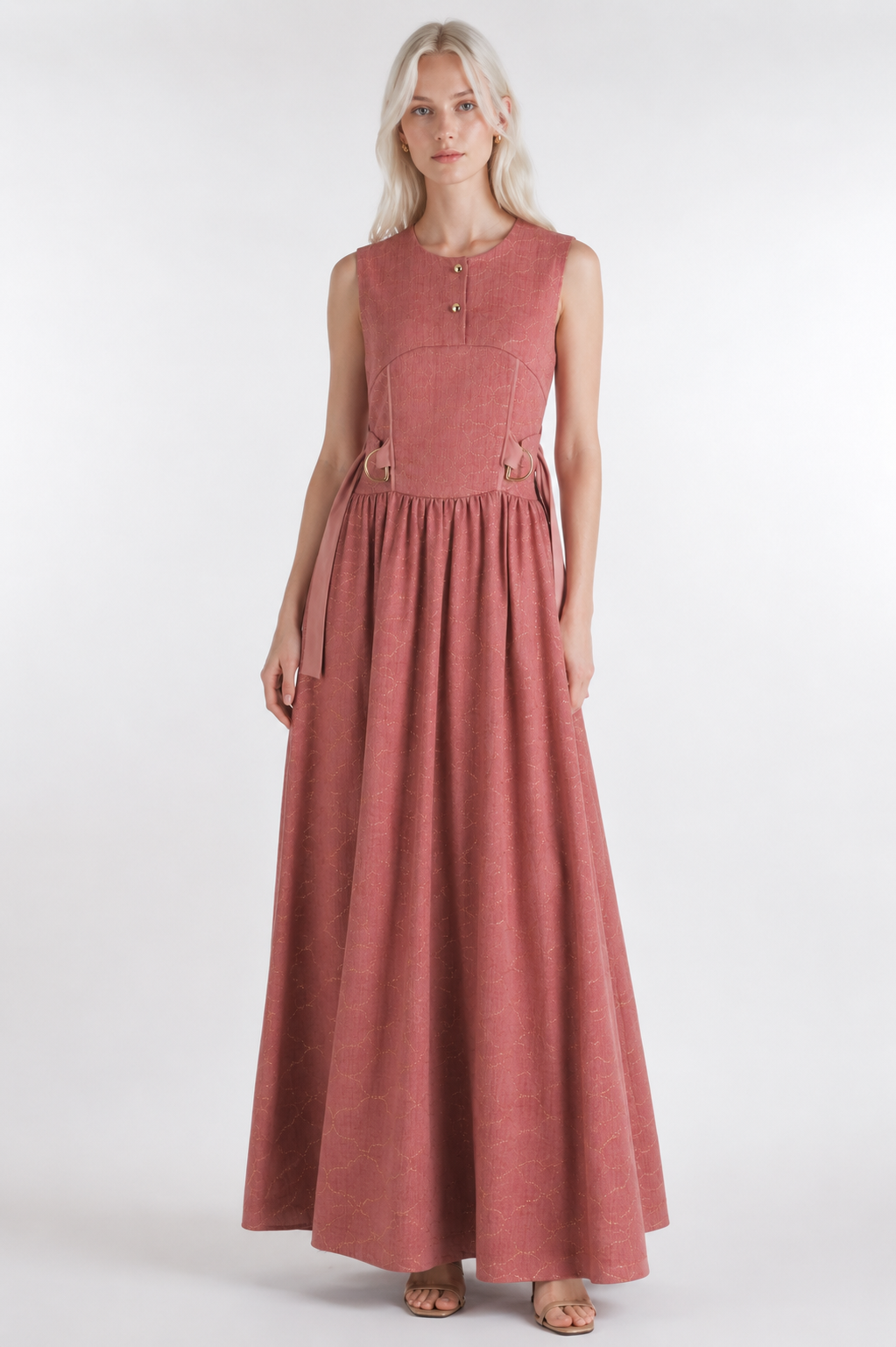Blush Pink Maxi Dress | Sustainable Sleeveless Occasion Dress with Gold Embroidered Detail & D-Ring Waist