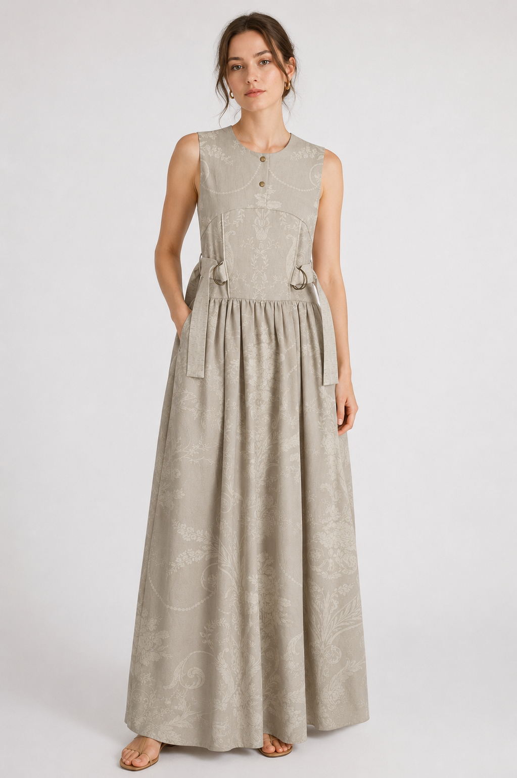 Stone Floral Jacquard Maxi Dress | Sustainable Sleeveless Occasion Dress with Adjustable D-Ring Waist