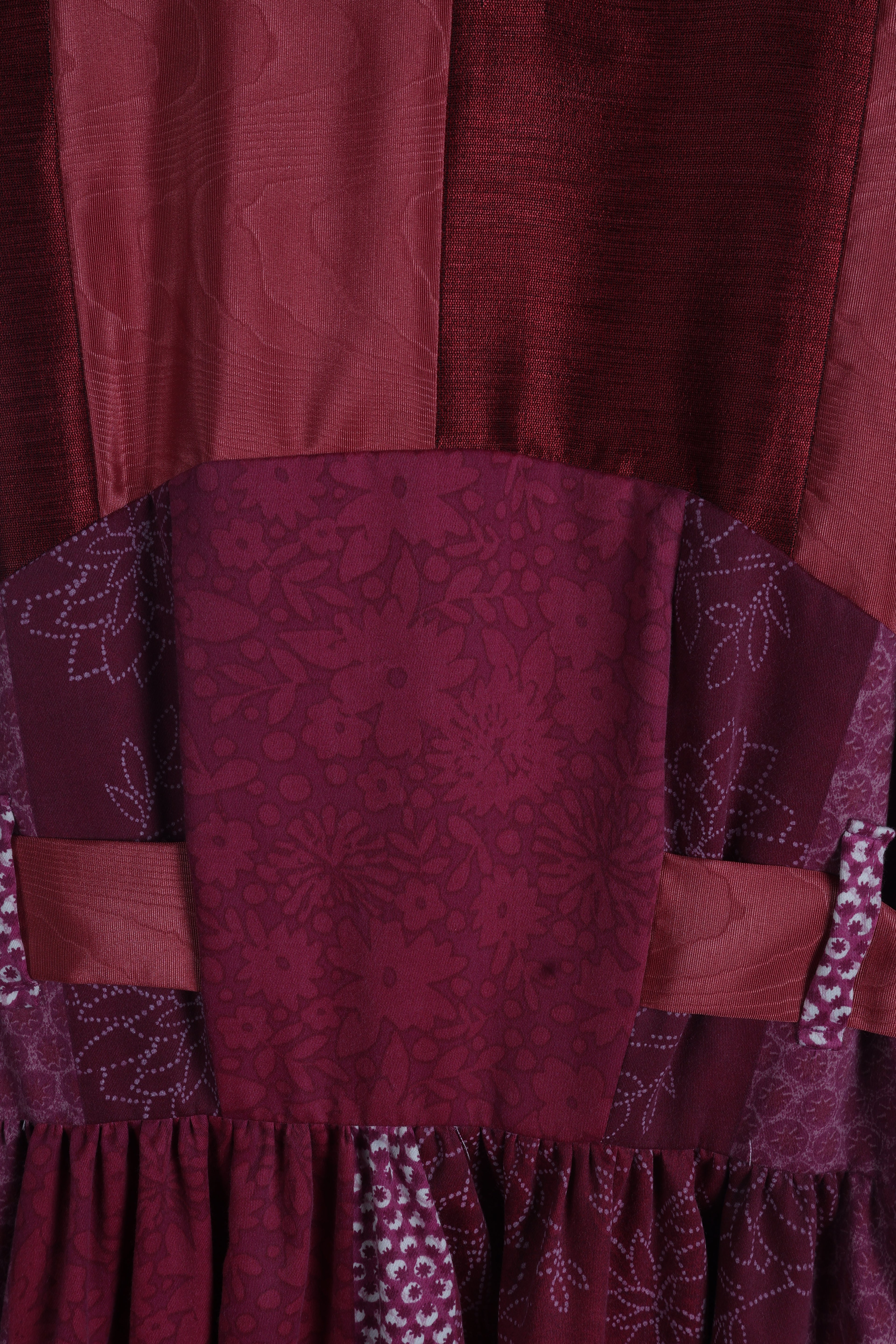 Burgundy Patchwork Maxi Dress | Sustainable Sleeveless Floral Occasion Dress with Adjustable D-Ring Waist