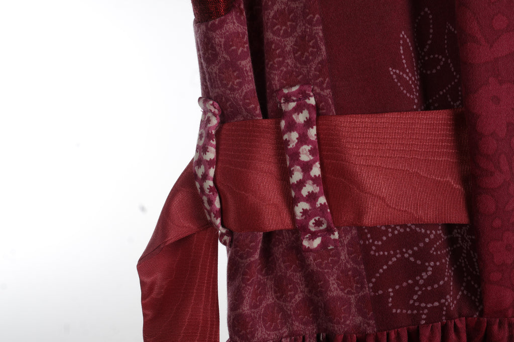Burgundy Patchwork Maxi Dress | Sustainable Sleeveless Floral Occasion Dress with Adjustable D-Ring Waist
