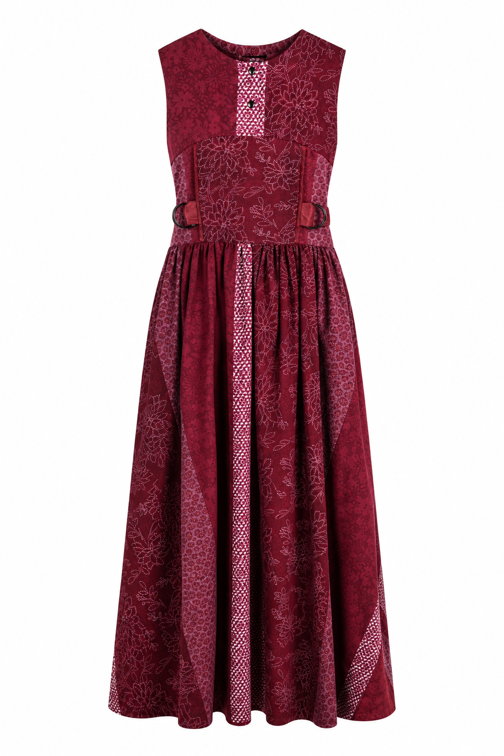 Burgundy Patchwork Maxi Dress | Sustainable Sleeveless Floral Occasion Dress with Adjustable D-Ring Waist