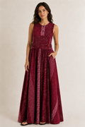 Burgundy Patchwork Maxi Dress | Sustainable Sleeveless Floral Occasion Dress with Adjustable D-Ring Waist
