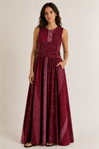 Burgundy Patchwork Maxi Dress | Sustainable Sleeveless Floral Occasion Dress with Adjustable D-Ring Waist