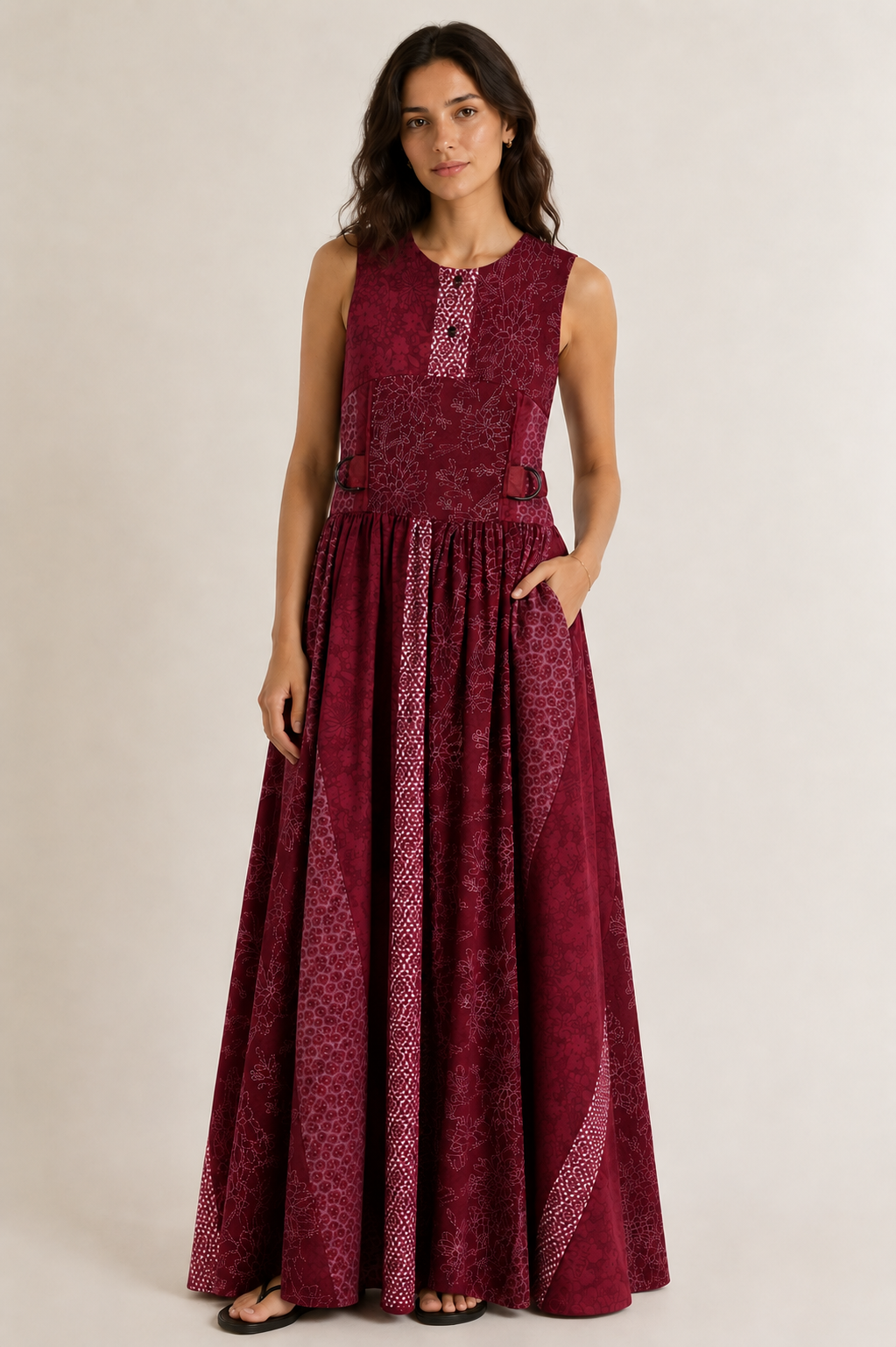 Burgundy Patchwork Maxi Dress | Sustainable Sleeveless Floral Occasion Dress with Adjustable D-Ring Waist