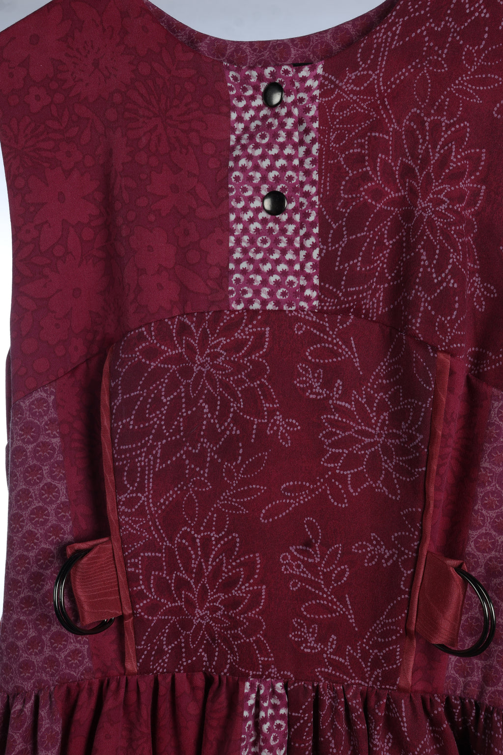 Burgundy Patchwork Maxi Dress | Sustainable Sleeveless Floral Occasion Dress with Adjustable D-Ring Waist