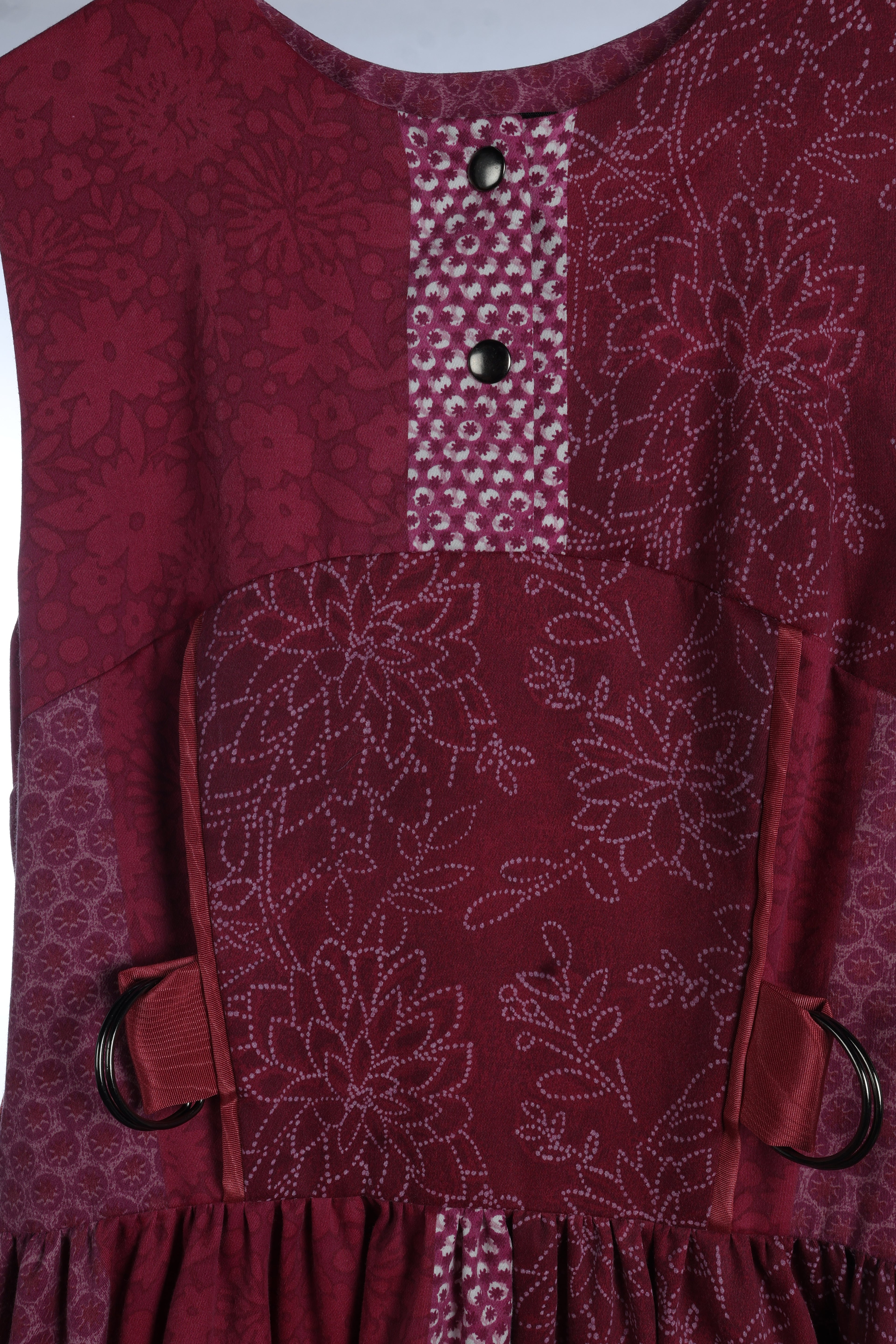Burgundy Patchwork Maxi Dress | Sustainable Sleeveless Floral Occasion Dress with Adjustable D-Ring Waist