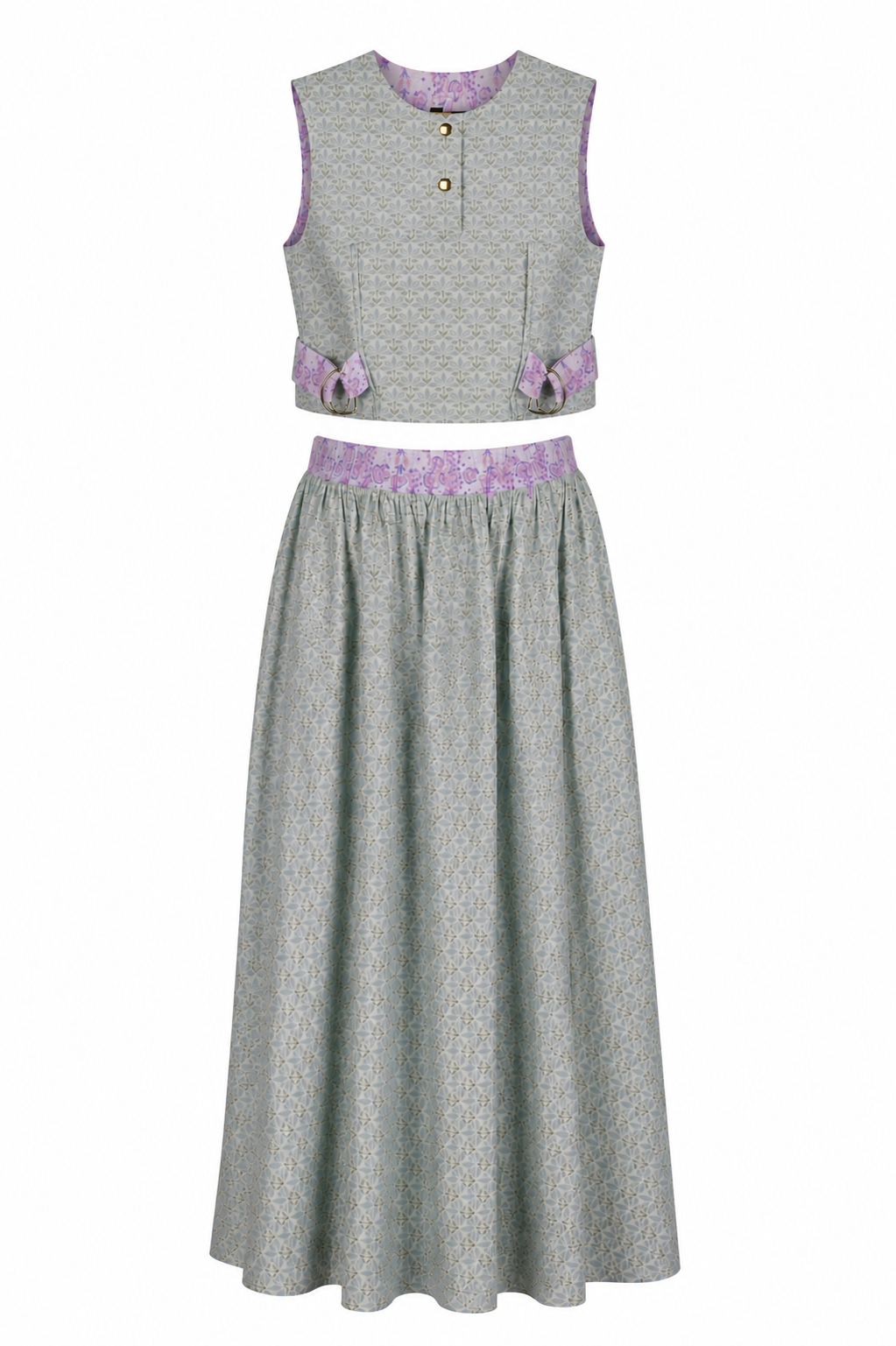 Sage Green Geometric Co-Ord Set | Sustainable Sleeveless Crop Top & Maxi Skirt