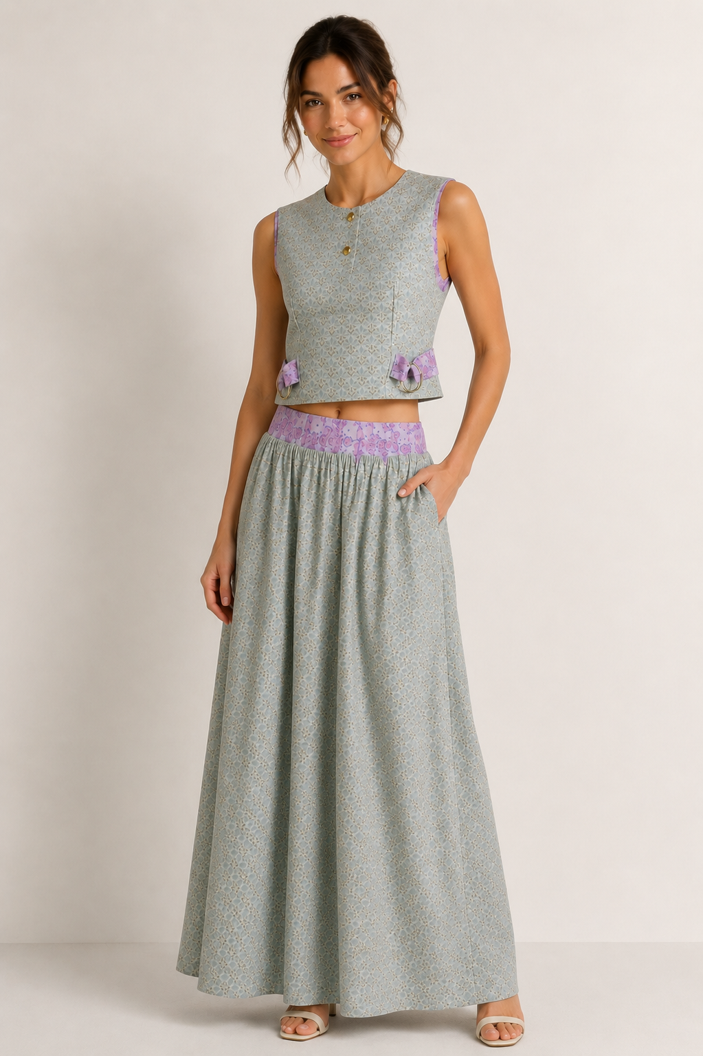 Sage Green Geometric Co-Ord Set | Sustainable Sleeveless Crop Top & Maxi Skirt