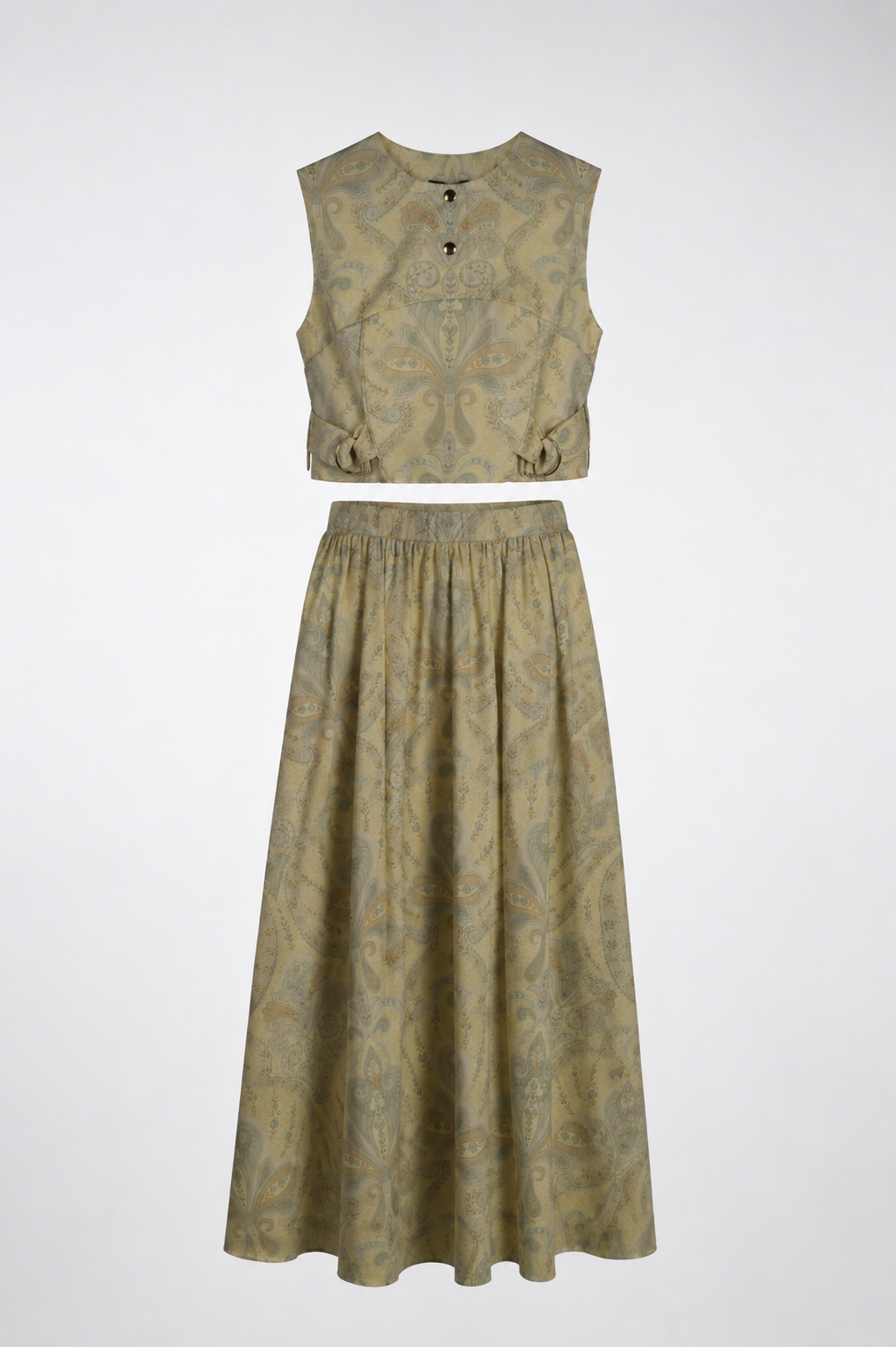 Soft Gold Paisley Co-Ord Set | Sustainable Sleeveless Crop Top & Maxi Skirt