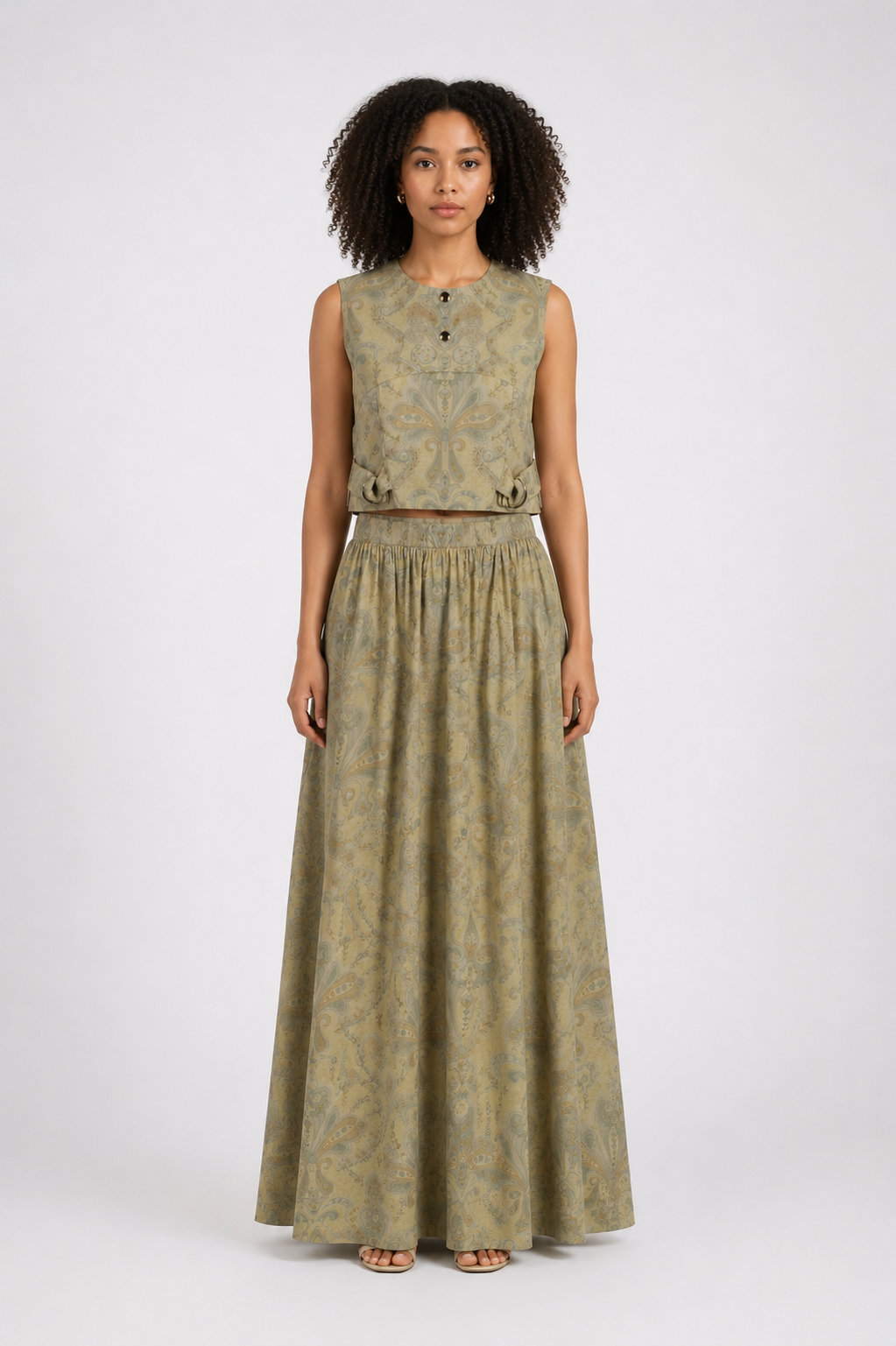 Soft Gold Paisley Co-Ord Set | Sustainable Sleeveless Crop Top & Maxi Skirt