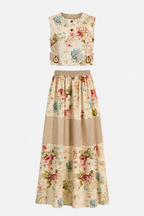 Vintage Floral Co-Ord Set | Sustainable Sleeveless Crop Top & Tiered Maxi Skirt