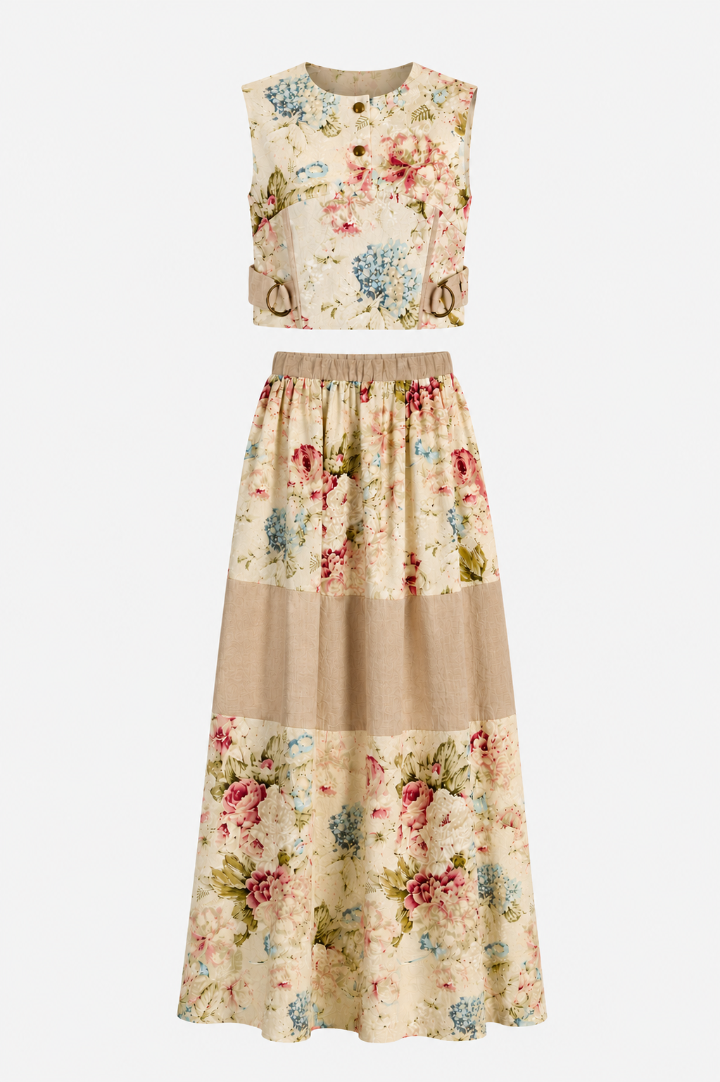 Vintage Floral Co-Ord Set | Sustainable Sleeveless Crop Top & Tiered Maxi Skirt