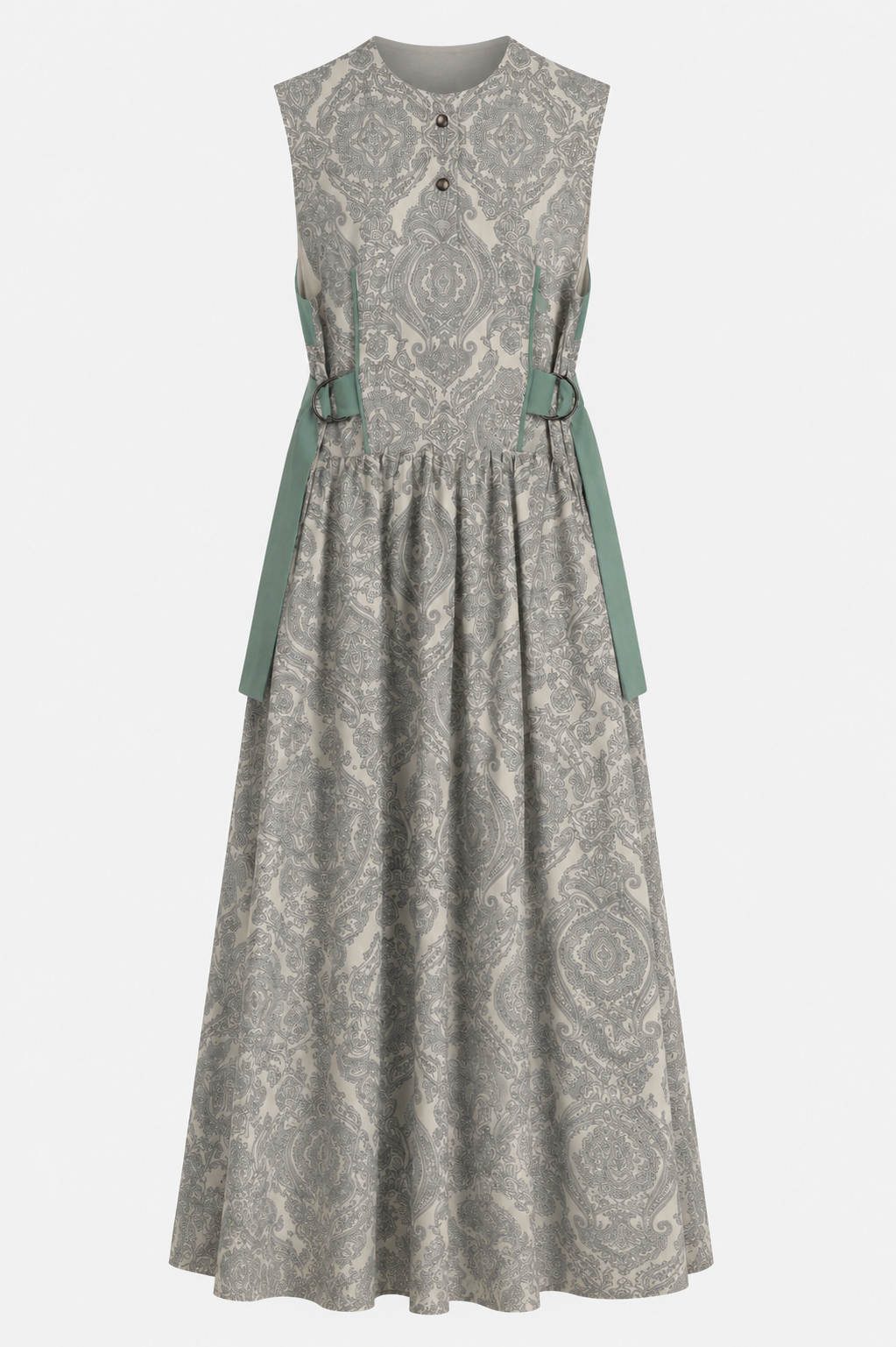 Grey Paisley Maxi Dress | Sustainable Sleeveless Occasion Dress with Sage Adjustable D-Ring Waist
